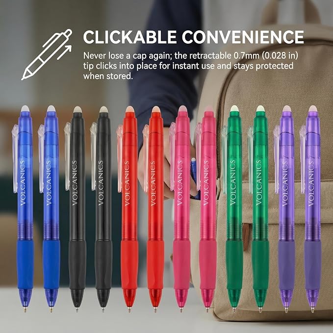 Volcanics Clicker Erasable Gel Pens, 12 Pack, 6 Colors
