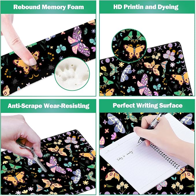 Desk Mat Set, Black Butterfly Extended Gaming Mouse Pad with Wrist Rest Support +Keyboard Wrist Rest +Coaster, Large Cute Mousepad, Easy Typing and Pain Relief