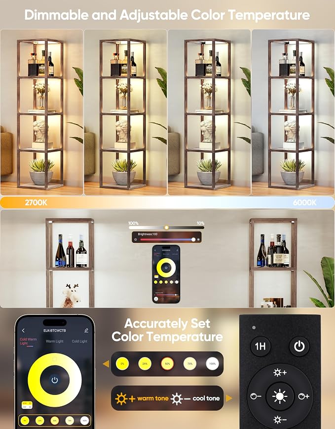 Floor Lamp Glass Display Shelf with Remote/APP Control, Dimmable LED Floor Lamp with Shelves, Open Display Cabinet, Color Temp Control (2700K-6000K), Oak Gray