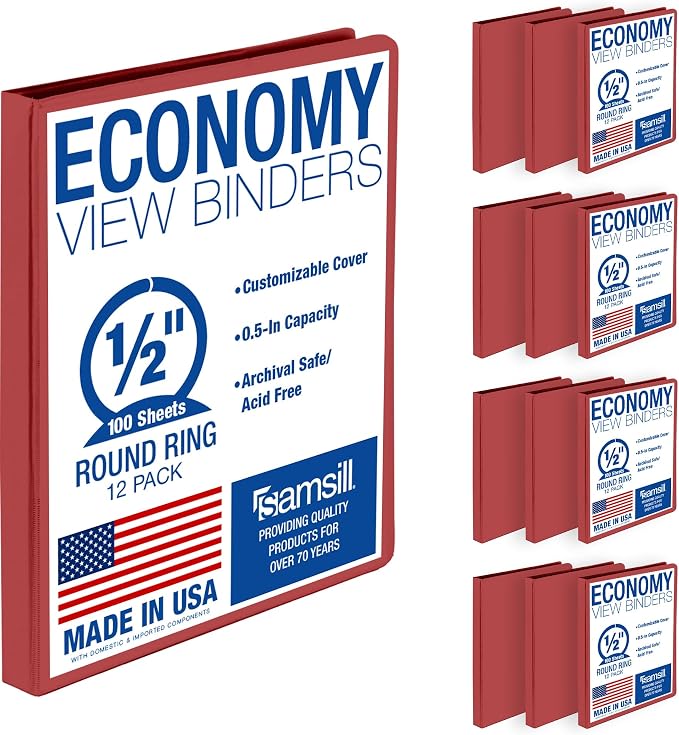 Samsill 0.5 Inch 3 Ring Binders, Economy Round Ring, Clear View Cover, 100 Sheet Capacity - for School, Home, Office - Red, 12 Pack