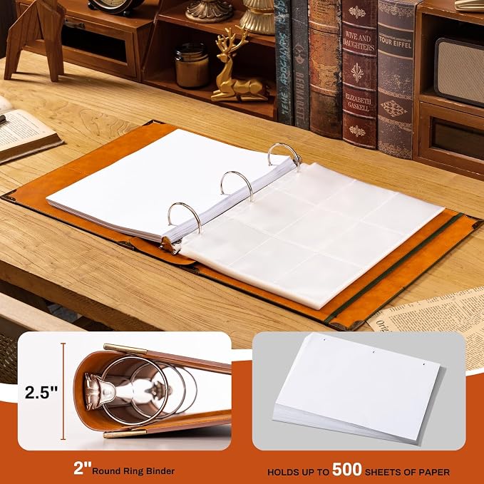 OVESMUSL 2 Pack PU Leather 3 Ring Binder, 2 Inch Green Brown | Fits 8.5x11 letter paper, holds 500 sheets, loose leaf organizer