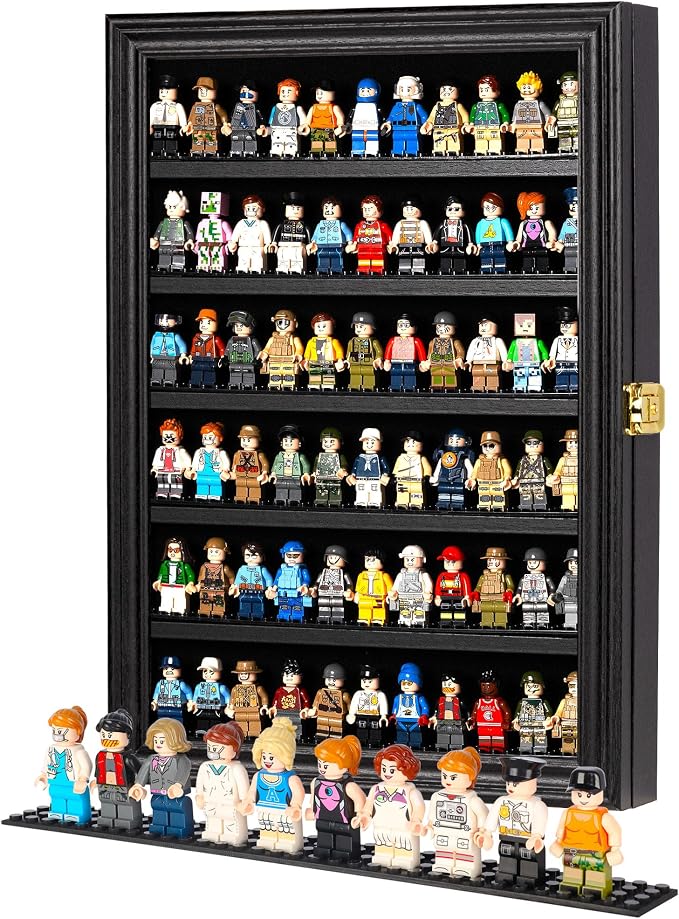 Minifigure Display Case - Building Block Toy Wall Cabinet Showcase for Small Miniature Collectibles Mini Brands Thimbles, 2.25" Height Shelf Lockable UV Protection Door (Small - Black Frame)