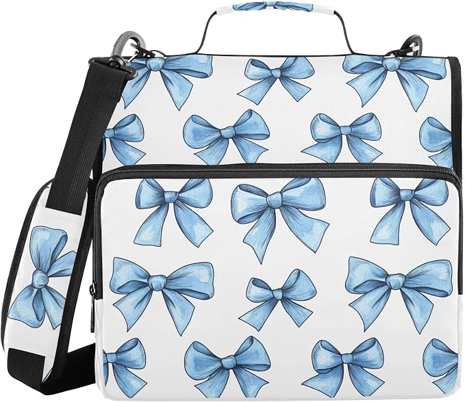 Pretty Blue Bow Zipper Binder with Shoulder Strap Bag 3 Ring Binder Organizer Large Capacity Multiple Compartments for School Office