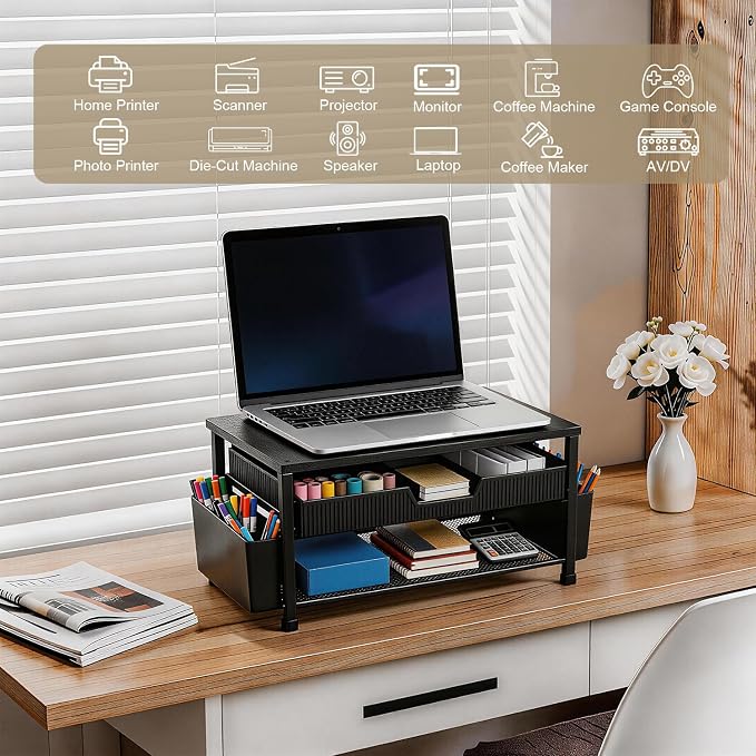 Printer Stand for Desk, Desk Organizer with Storage, Desktop Printer Table for Home Office, Multi-Purpose for Home Printer, Fax Machine, Scanner, Die-Cut Machine (Black)