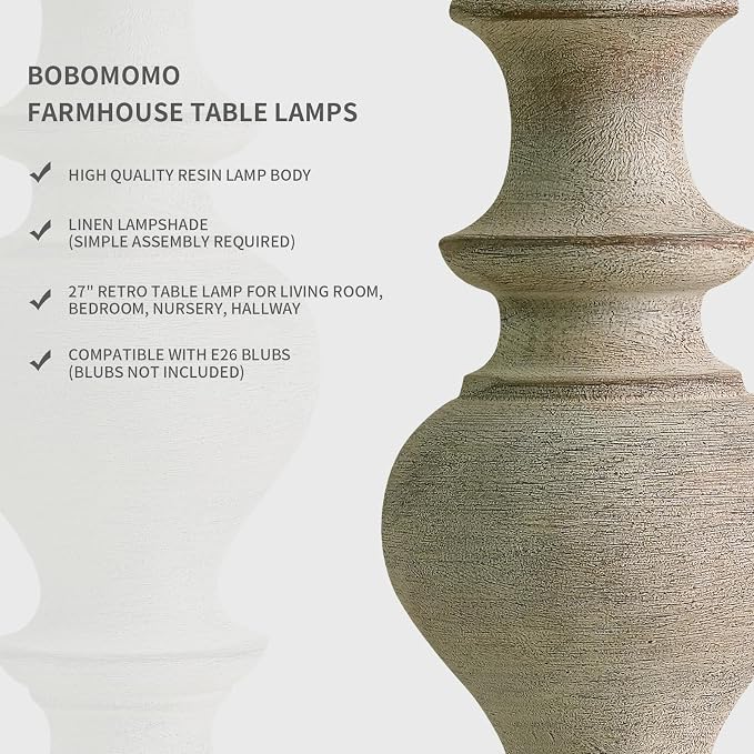 BOBOMOMO 27" Antique Gray Table Lamps Set of 2, Large Farmhouse Resin Lamps with Linen Shades, Vintage Gray Lamps for Living Room, Bedroom, or Console Table Rustic Traditional Décor
