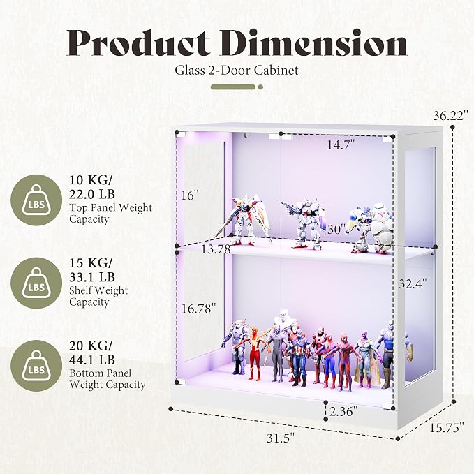 AMERLIFE RGB Display Cabinet, 32 x 16 x 36 Inch | 2-Tier Storage Case with LED Lights, Adjustable Shelves and Press-to-Open Doors, White