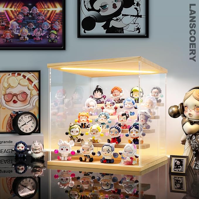 LANSCOERY Acrylic Display Case for Collectibles, 5-Tier LED Light, Wood | 3mm clear acrylic panels with front door access and tri-color top light for small figures on a desk or shelf.