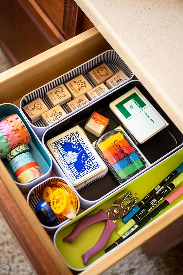Three by Three Seattle Metal Drawer Organizer Tray Set, 5-Pc, 2" (Assorted) | Deep 2" food-safe metal bins; soft non-scratch base; perfect for kitchen utensils, tools & bulkier drawer items