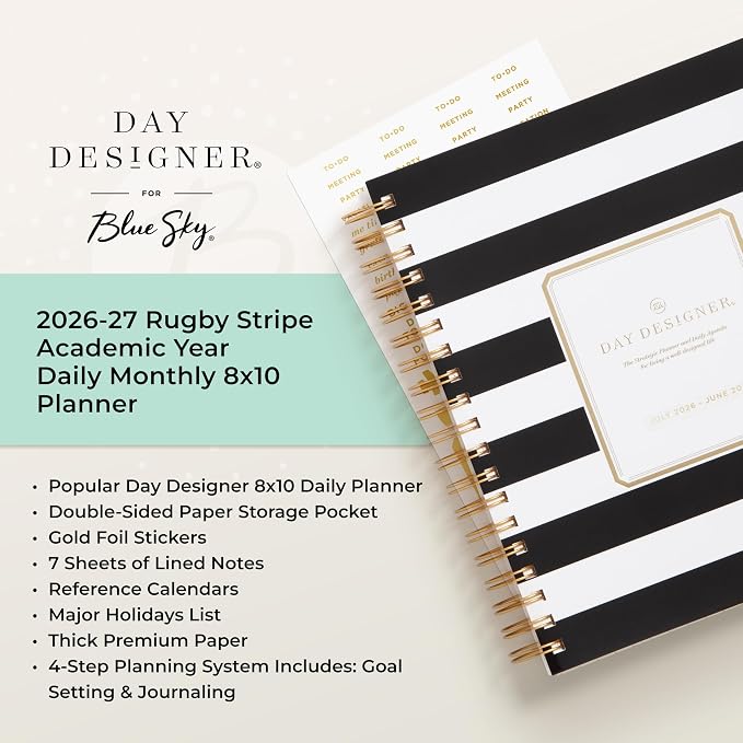 Blue Sky 2026-2027 Daily & Monthly Academic Planner, 8"x10", Black Stripe