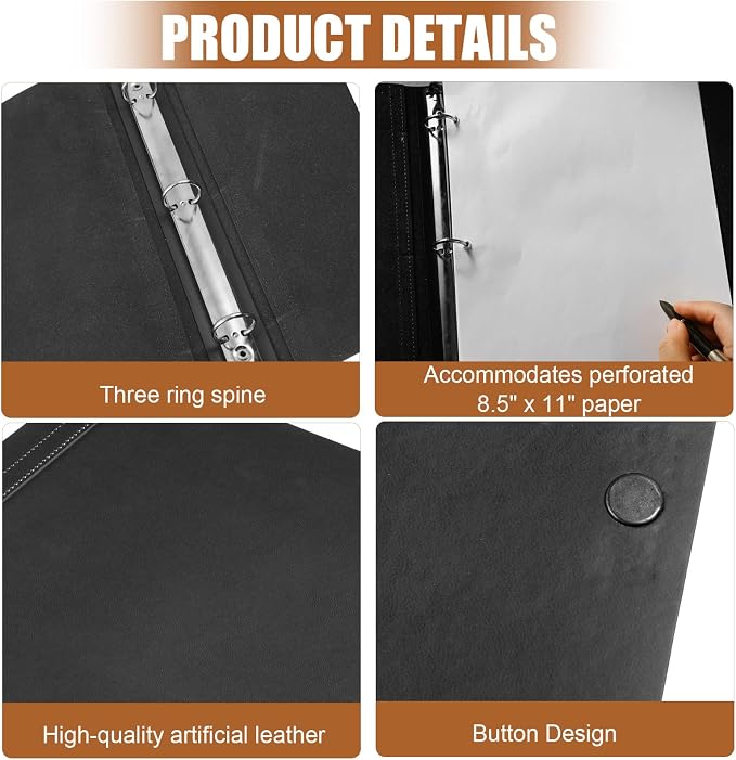Teling 1 Pcs Leather 3 Ring Binder Holds 8.5 x 11 Inch Paper Binder Organizer Vintage Faux Leather Portfolio Folder Planner for Office Home Document Photo Diary Supplies (Black)