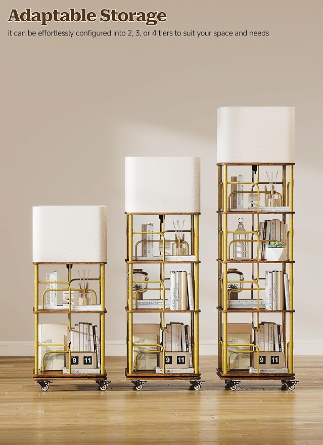 4 Tier Rotating Bookshelf Tower, 360° Spinning Book Shelf with Lights&Wheels,Square Revolving Bookcase Organizer,Narrow Swivel Bookshelves Turning Corner Bookshelf for Small Space,Gold