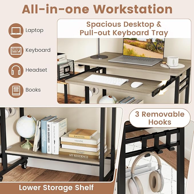 GIANTEX Rolling Computer Desk, Mobile Desk with Keyboard Tray & Wheels, Portable Laptop PC Table Cart with Shelf & Hooks, Small Desk for Small Spaces, Bedroom, Apartment (Grey Oak)