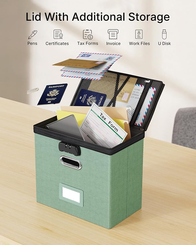 Oterri Lockable File Box Small 1-Pack Hanging Organizer for Letter-Size | Dustproof Lid. 3 Mesh Pockets. Collapsible Scratch-Resistant GRS Linen. Slide Rails. Office, Home, Dorm
