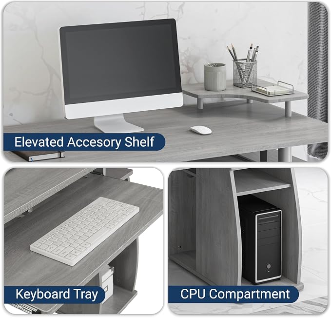 Techni Mobili 47" Computer Desk w/Drawers, Storage & Printer Shelf, Grey | 47" desk with drawers, printer shelf, pull‑out keyboard tray, open storage, sturdy frame, spacious workstation home office