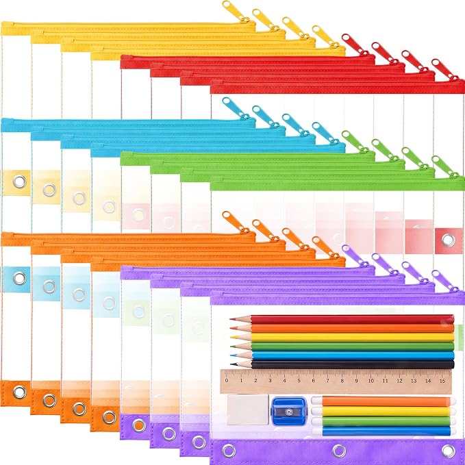 24 Pack Pencil Pouches for 3 Ring Binder Bulk Enlarge Clear Window Pencil Pouches Zipper Pen Case 3 Reinforced Grommet Pen Bag for Binder Utensil Organize Office Supplies(Rainbow Color Series)