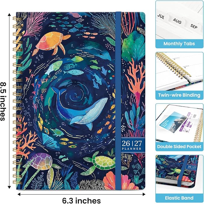 Planner 2026-2027, Monthly & Weekly Jul 2026-Jun 2027 Calendar Book | 6.3" x 8.5", Hardcover Spiral Planner with Tabs, School & Daily Pretty Agenda for Women, Students, Teachers, Ocean Whirl