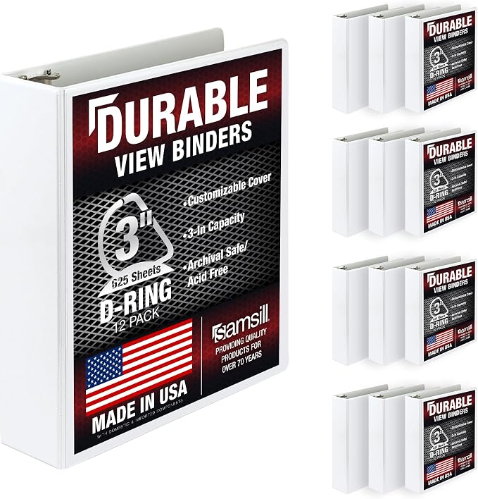 Samsill Durable 3 inch 3 Ring Binder, D Ring Binder, 100% Recycled Chipboard, White, 12 Pack