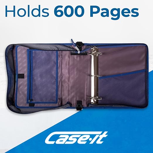 Case-it School Zipper Binder | 3" O-Rings | 600-Sheet | D-146 Light Blue | Mighty Zip Tab, 5-Color Tab Expanding File Folder, Multiple Pockets, Shoulder Strap, Daisy Design, Office
