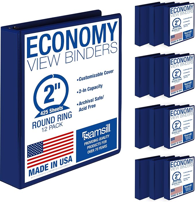 Samsill 2 Inch 3 Ring Binders, Economy Round Ring, Clear View Cover, 425 Sheet Capacity - for School, Home, Office - Blue, 12 Pack