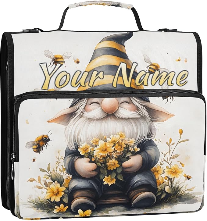 Custom 3 Ring Zipper Binder Bee Gnome Yellow Flower Personalized Name 2 Inch Zippered Binder Bag Multi Pockets for School Supplies