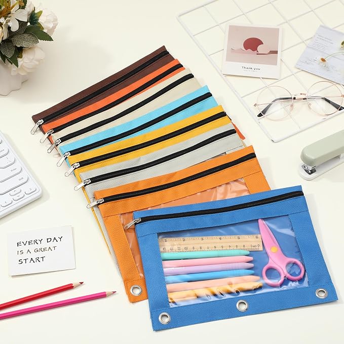 Leinuosen 64 Pack Pencil Pouch Bulk for 3 Ring Binder, Pencil Case with Black Zipper and Clear Window, Assorted Colored Storage Bags for Office, Back to School Classroom Supplies