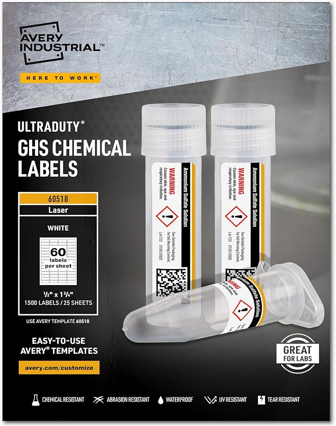 Avery® UltraDuty® GHS Chemical Labels for Laser Printers, Waterproof, UV Resistant, 0.5 x 1.75, Pack of 1,500 (60518)