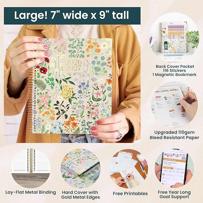 bloom daily planners 2026-2027 Hardcover Academic Year Goal & Vision Planner (July 2026 - July 2027) - 13 Months Agenda - Monthly & Weekly Calendar Organizer - 7.5" x 9" - Garden Party, Beige