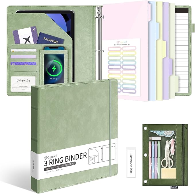 Ospelelf Leather 3 Ring Binder for Letter Size Documents with Pocketed Dividers, 1 Inch Round Rings, Holds 175 Sheets, Binders with Storage Bag & Notepad, for Office School Home Organization, Green