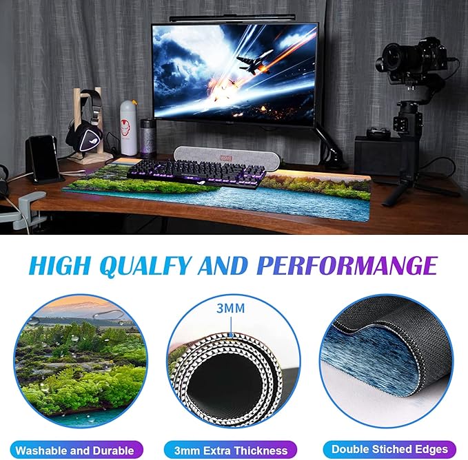 Large Extended Gaming Mouse Pad with Stitched Edges, Non-Slip Waterproof Rubber Base Mouse Pad for Office, Computer, Keyboard, Laptop and Home Desk Pad 35.4 x 15.7 x 0.12 Inch (Sunset Forest)