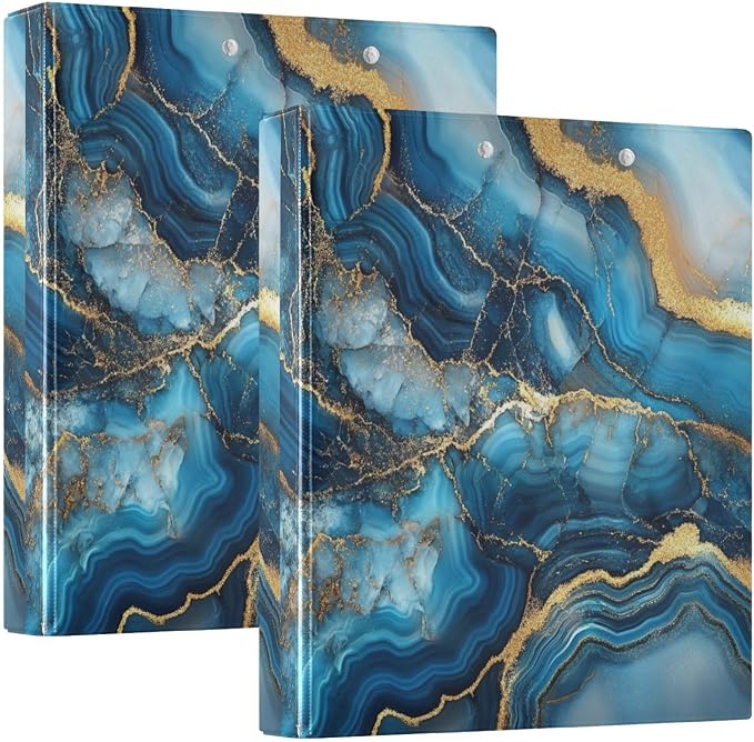 Aslsiy 3 Ring Binder 1.5 Inch Sea Blue Agate Marble Round Clipboard Binder Harcover Decorative Binders Organizer for Office Supplies