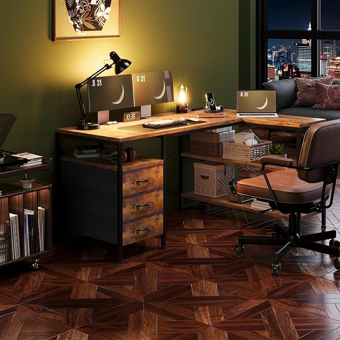 Alpen L Shaped Computer Desk, 55 Inch Corner Desk with Drawers and Power Outlets, Home Office Desk for Gaming, Study Writing PC Table with Storage and Reversible Shelf, Rustic Brown