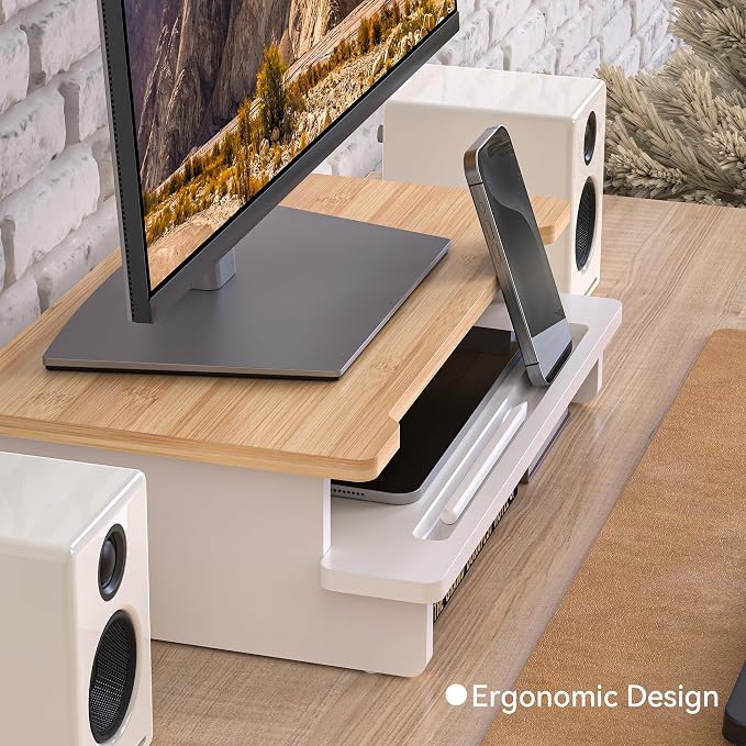 16.5” Bamboo Monitor Stand with Phone & Tablet Holder Desk Shelf | Monitor Riser for 36-48 Inch Desk Cozy Computer Setup Workplace Organizer Keyboard Storage Ergonomic White & Natural Bamboo