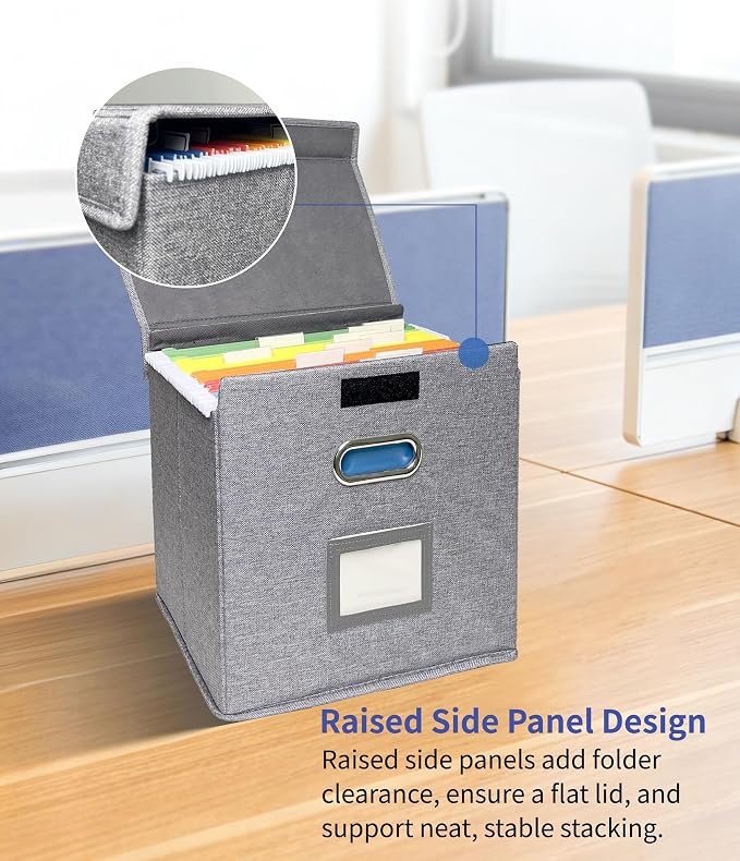 6 Pack Hanging File Folder Box with Lid, Durable Letter Size Filing Storage Box, Sturdy File Holder with Cardboard Support PVC Rails for Office Home Organizer, Gray