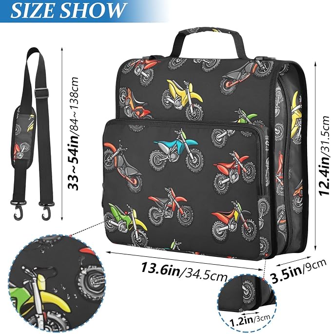 Fisyme Motocross Dirt Bike Black Zipper Binder 3 Ring with Zipper and Shoulder Strap Large Capacity Multi-Pocket Binder Organizer