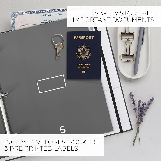 Important Document Organizer Set with Folders - Complete Linen Ring Binder | Safely Stores All Documents and Files in One Place - Easy to Use Expanding Storage with Envelopes, Pockets and Labels