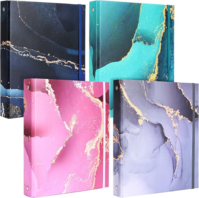 Colarr 4 Pcs Mini 3 Ring Economy Binders for 5.5" x 8.5" Paper for School, Office and Home Use, Cute Marble Small 1 Inch Round Three Ring A5 Binders with Elastic Cord, Decorative Hardcover