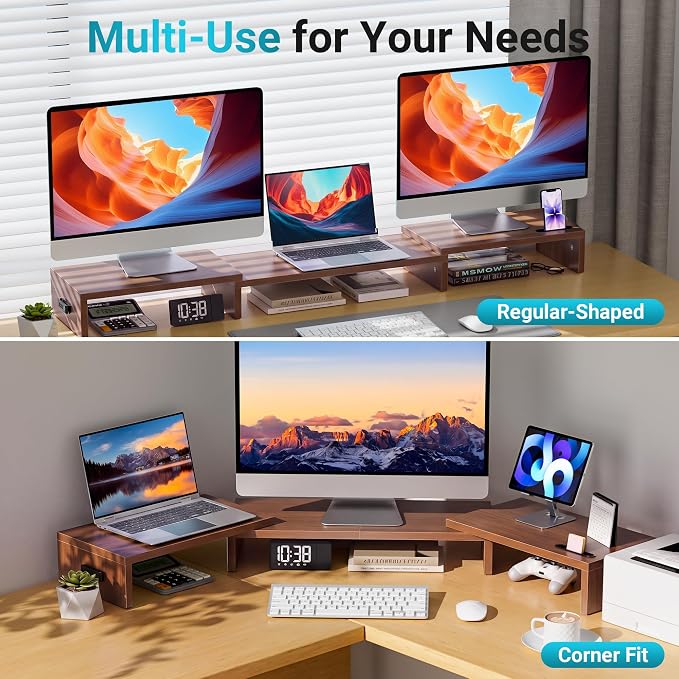 BONTEC Triple Monitor Stand Riser with Smartphone Holder, Walnut | Adjustable Length & Swivel Angle, Ergonomic Wooden Desktop Organizer for PC Monitor, Laptop, Printer, Large Storage, 53.3 in