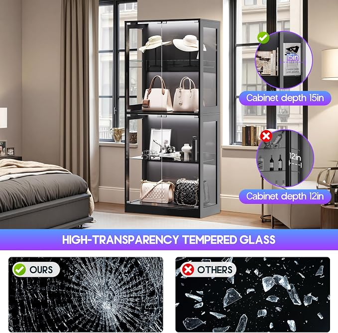 AMERLIFE 32-Inch RGB Display Cabinet with Glass Shelves | 70 H x 32 W x 16 D In, 4-Tier Storage, RGB LED Lights, Press-to-Open Doors, for Collectibles, Black