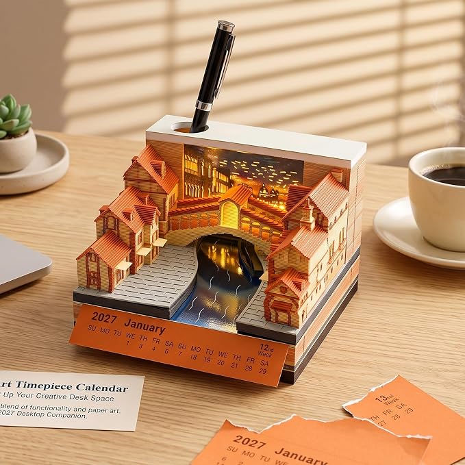 3D Time Piece Calendar, 2027 Desk Calendar With LED Light, 3d Tree Memo Pad Creative Desk Calendar, Christmas Gift for Colleague Friend, Desktop Decoration (Venice)