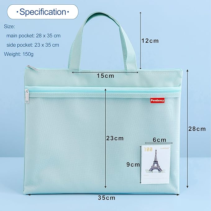 Pendancy Mesh Zipper Pouch 11x13.7 in, Large Double Pocket Waterproof File Bag with Handle, A4 Size Foldable Document Storage for Puzzle Project/Cross Stitch/Travel/Office（Green）