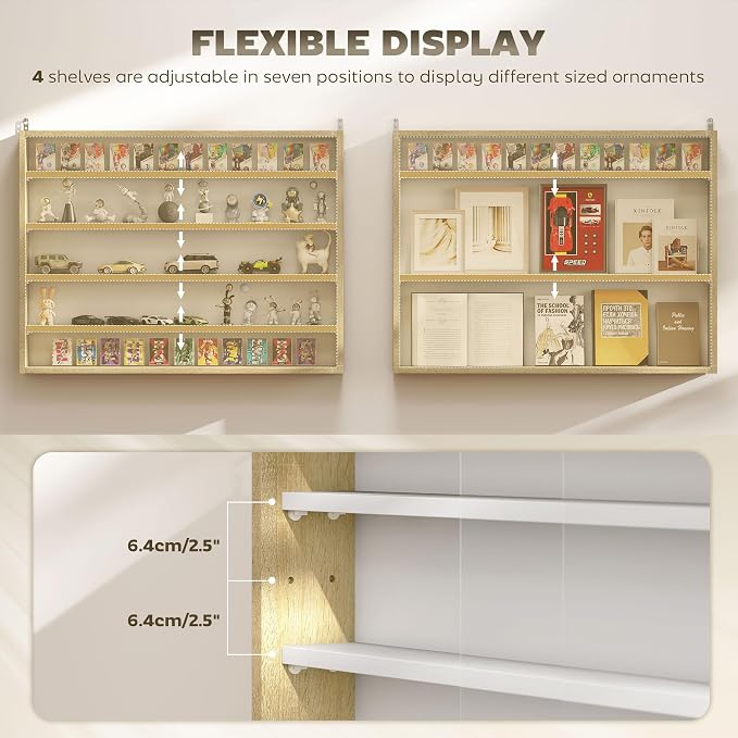 HOMCOM 5-Tier Wall Mounted Display Cabinet Glass Doors 60x80cm White/Oak | Display Case, 4 Adjustable Shelves, for Home Office Ornaments