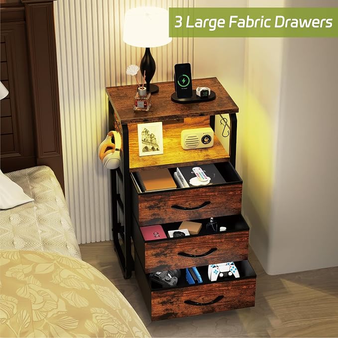 runjuly End Table with LED Light, Charging Station, and Hooks, Rustic Brown | 3 Fabric Drawers Storage, Type C & USB Ports & Power Outlets, Industrial Wood, Small Nightstand for Living Room / Bedroom