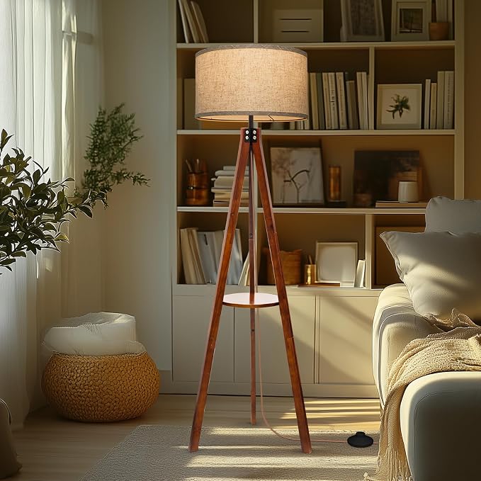 EOEYYOYB Floor Lamps with Shelf, Modern Standing Lamp with 3 Color Temperature Led Bulb, Tall Lamps with Foot Switch for Living Room Bedroom and Office, Walnut