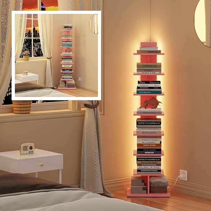 TUTOTAK Book Shelf, Narrow Spine Bookshelf, 8-Tier Bookcase with LED Lights | 10.4 x 13.4 x 47.5 Inches Vertical Freestanding Corner Shelf for Living Room, Office, Small Space, Pink BS06BP008L