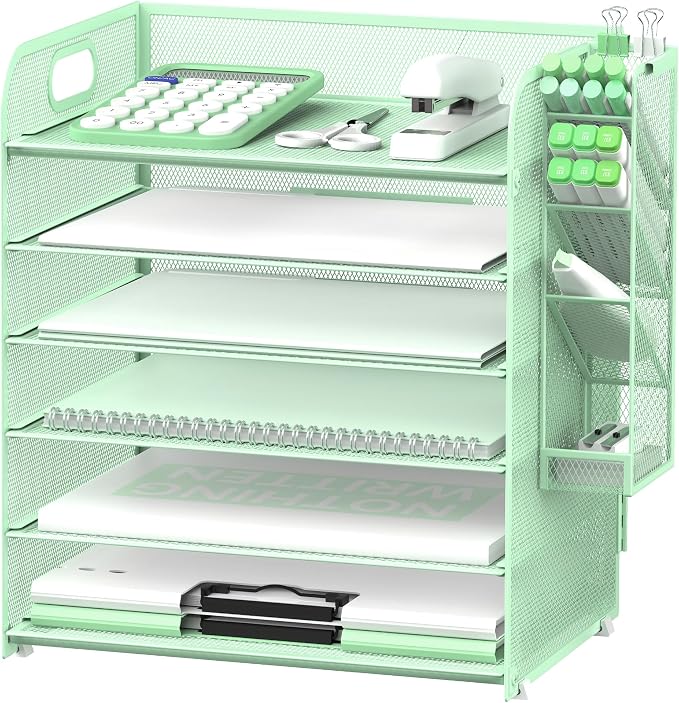 6 Tier Desk Organizer with 4 Pen Holders & Paper Trays Mint Green | 6 Tiers Paper Organizer, File Organizer Letter Tray with Handle for A4 Files, Folders, Mail and Office Supplies