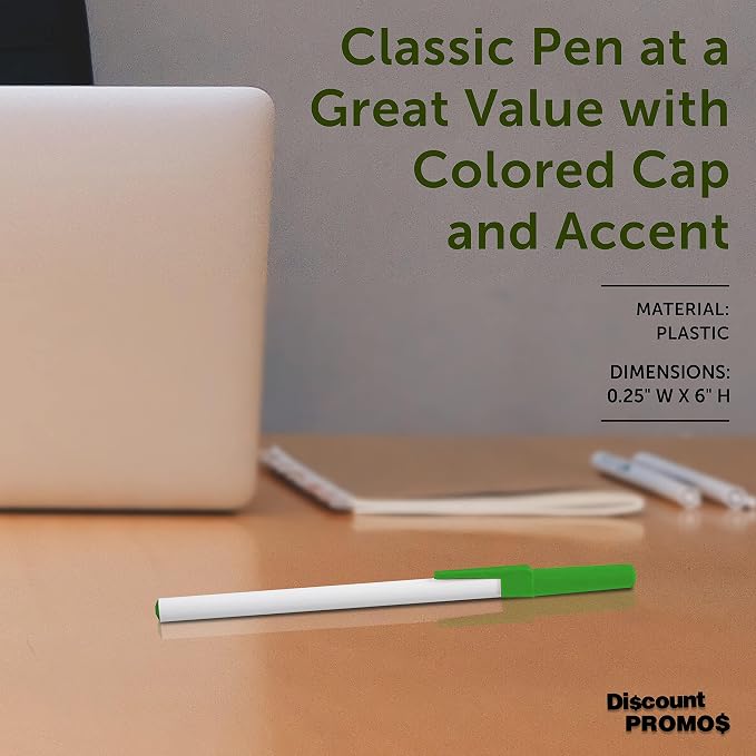 DISCOUNT PROMOS Value Stick Pens Set of 10, Bulk Pack - Blue Ink, Great for Office, School, Business, Tradeshows, Events - Green Cap