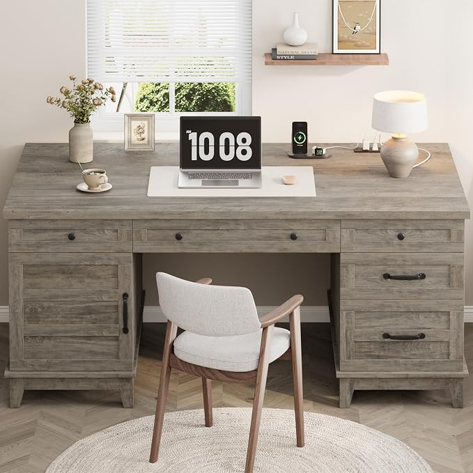 IDEALHOUSE Farmhouse Executive Desk 60 Inch, Wooden Home Office Desk with Adjustable Storage Cabinet, Built-in Charging Port, File Cabinet for Writing & Study, Elegant Workstation, Retro Gray