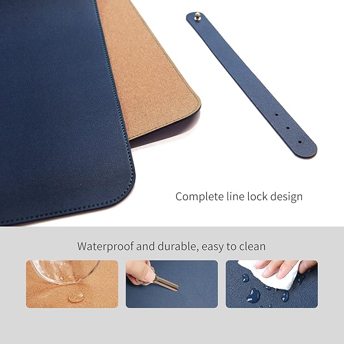 RENMTURE Dual-Sided Mouse Pad, Natural Cork & PU Leather Large Desk Pad for Office and Home Work, Desk Protector Non-Slip, Waterproof, Easy Clean (Dark Blue, 32"x16")
