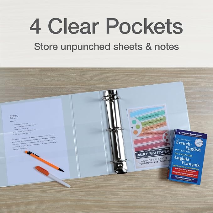 Oxford 3 Ring Binders, Durable Binders for School and Office, 4 Inch, ONE-Touch Easy Open D Rings, View Binder Covers, 4 Interior Pockets, PVC-Free, Holds 880 Sheets, White, 2 Pack (79921)