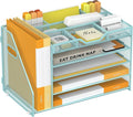 5 Tier Paper Letter Tray Desk Organizer with Pen Holders - Blue | Features 3 pen holders and 4 removable dividers.Versatile mesh desktop storage for mail, document,office supplie